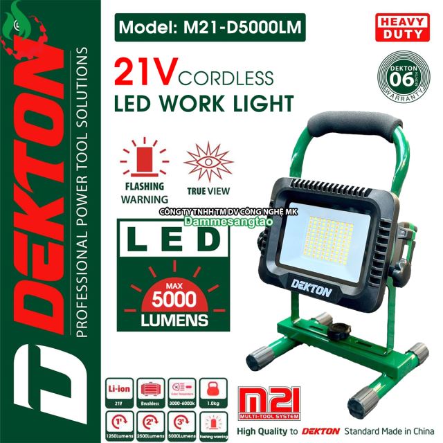 Đèn công trình pin 21V Dekton M21-D5000LM Độ sáng 1250-5000 Lumens