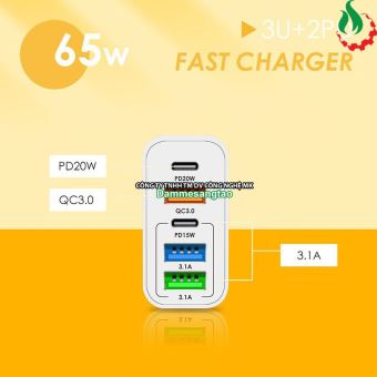 Củ sạc nhanh 65W 5in1 Fast Charger ( 3 USB + 2 Type C)