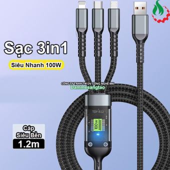 Dây Cáp Sạc Nhanh 3in1 100W Bằng Dây Dù Và Hợp Kim Nhôm (3 Đầu - USB)