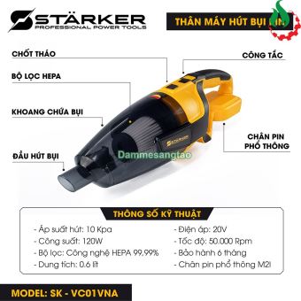 Máy hút bụi pin 21V STARKER SK-VC01VNA lực hút 10Kpa công xuất 120W