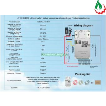 Mạch đa năng 8S-20S 40A JK-BD6A24S4PD bảo vệ pin Lithium có app Bluetooth cân bằng chủ động 0.6A