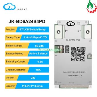Mạch đa năng 8S-20S 40A JK-BD6A24S4PD bảo vệ pin Lithium có app Bluetooth cân bằng chủ động 0.6A