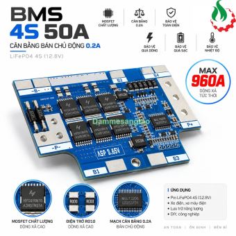 Mạch BMS 4S 50A 960A LiFePO4 12.8V cân bằng 0.2A