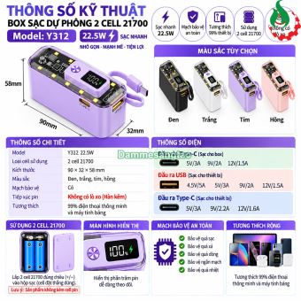 Vỏ box sạc dự phòng 2 cell 21700 (Y312) sạc nhanh 22.5W có đèn led (Không kèm cell pin)