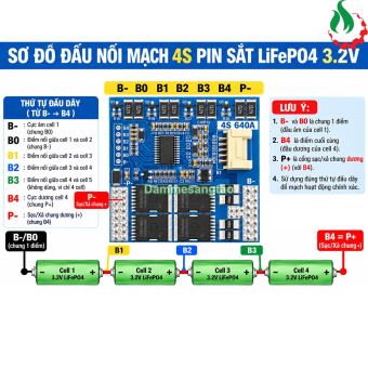 Mạch BMS 4S 50A (640A) 12.8V bảo vệ pin sắt LiFePO4 3.2V cân bằng bán chủ động 0.2A đề xe máy (BMS-D4S640PC)