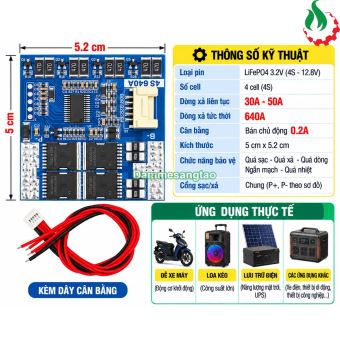 Mạch BMS 4S 50A (640A) 12.8V bảo vệ pin sắt LiFePO4 3.2V cân bằng bán chủ động 0.2A đề xe máy (BMS-D4S640PC)