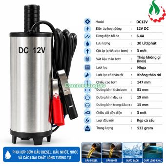 Máy bơm chìm 12V 80W lưu lượng 30L/phút thân inox SP-12V80W-30L (Bơm dầu Diesel và nước)