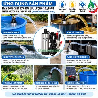 Máy bơm chìm 12V 80W lưu lượng 30L/phút thân inox SP-12V80W-30L (Bơm dầu Diesel và nước)