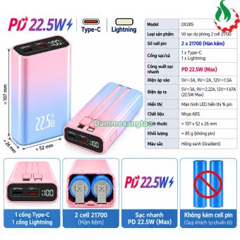 Box sạc dự phòng 2 cell 21700 DX285 PD 22.5W