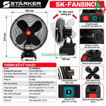 Quạt dùng pin STARKER 21V SK-FAN8INCH 2 tốc độ có cổng DC cấp nguồn chân phổ thông