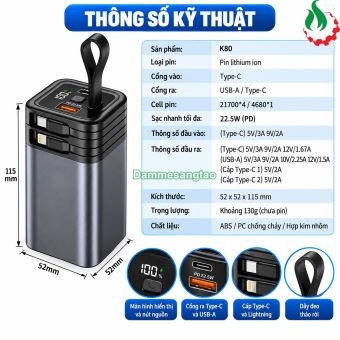Vỏ box K80 4 cell 21700 22.5W Type-C USB LED hiển thị pin