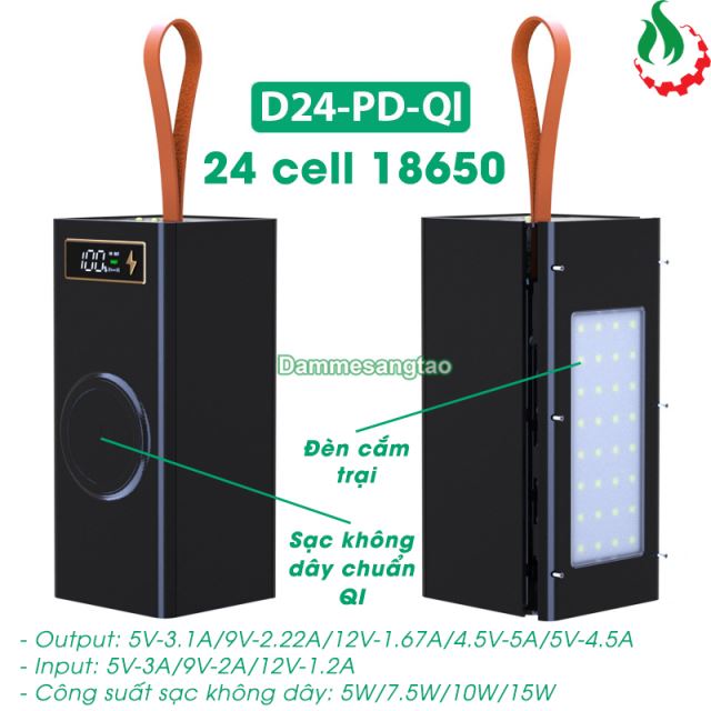 Box sạc dự phòng 24 cell 18650 (D24-PD-QI) sạc nhanh 22.5W - Qi 15W có lò xo