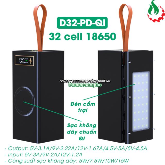 Box sạc dự phòng 32 cell 18650 sạc nhanh 22.5W (D32-PD-QI)