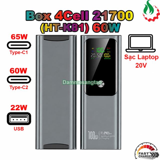 Box sạc dự phòng 4 cell 21700 (HT-K81) sạc nhanh 60W (Hổ trợ sạc Laptop)