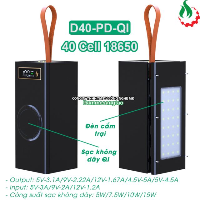 Box sạc dự phòng 40 cell 18650 (D40-PD-QI) sạc nhanh 22.5W