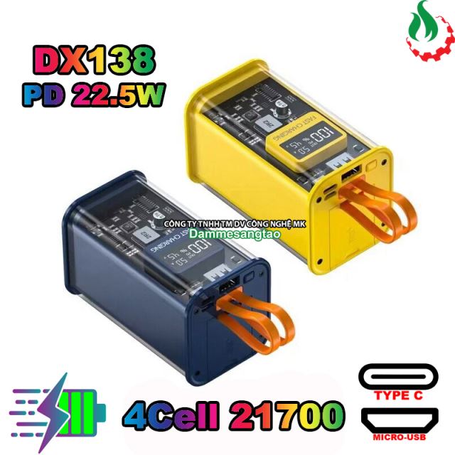 Box sạc dự phòng trong suốt 4 cell 21700 (DX138 - Vuông) sạc nhanh 22.5W