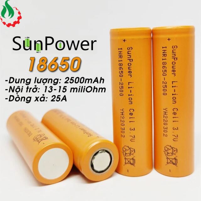 Cell pin 18650 SunPower Li-ion 3.7V 2500mAh 10C - Xả 25A