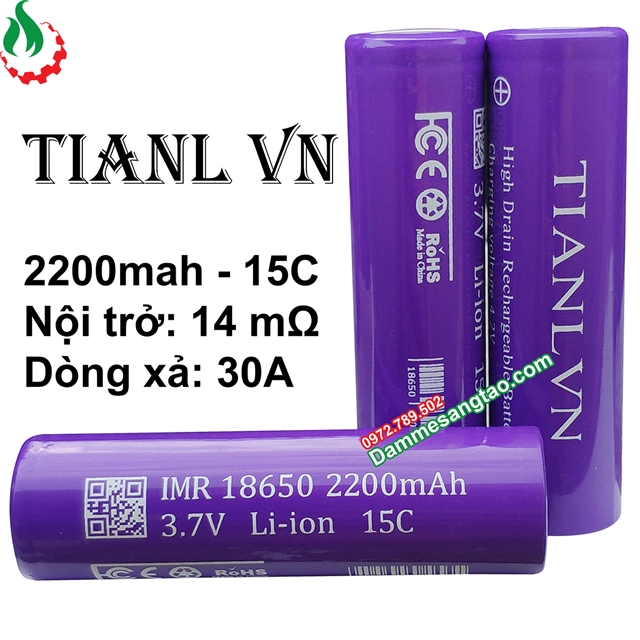 Cell pin 18650 TIANLVN 2200mah-15C-25A (Li-ion 3.7V)