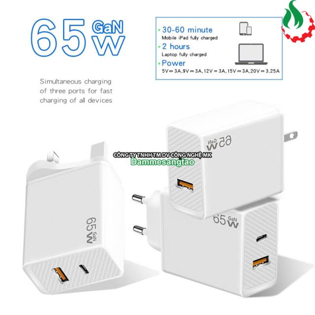 Củ sạc nhanh 65W chuẩn GaN (1 Type-C 45W - 1 USB 18W)