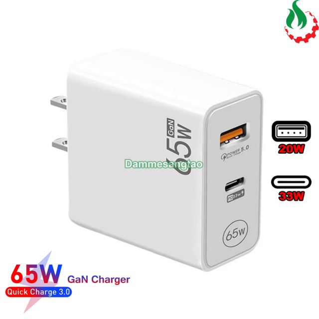 Củ sạc nhanh 65W chuẩn GaN (1 Type-C 33W - 1 USB 18W)