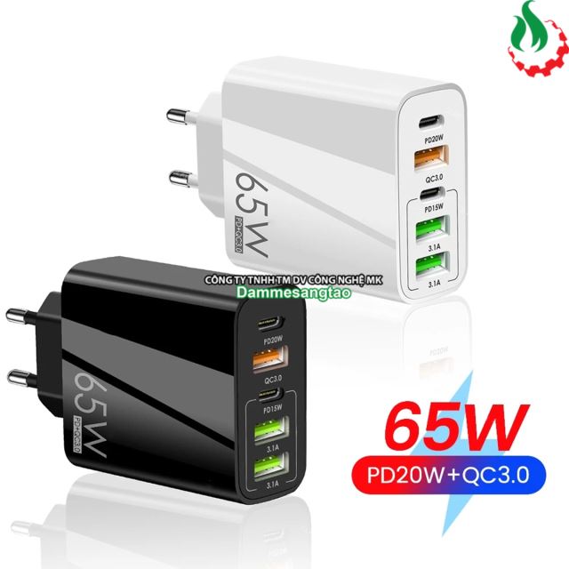 Củ sạc nhanh 65W chuẩn GaN (2 Type-C 20W - 3 USB 12W)