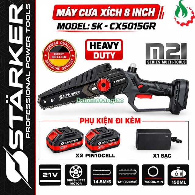 Cưa xích pin STARKER 21V SK-CX5015GR không chổi than có bơm dầu lưỡi 8inch chân phổ thông