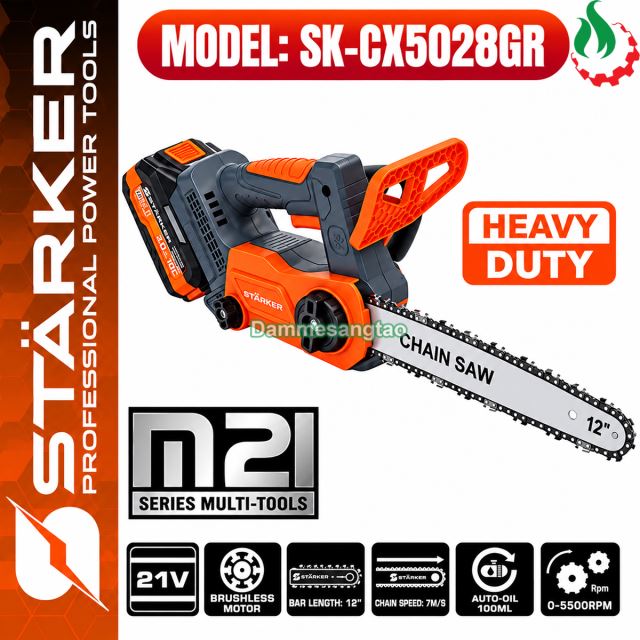 Cưa xích pin STARKER 21V SK-CX5028GR 900W không chổi than lưỡi 12inch chân phổ thông