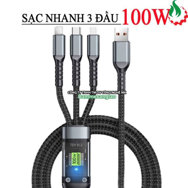 Dây Cáp Sạc Nhanh 3in1 100W Bằng Dây Dù Và Hợp Kim Nhôm (3 Đầu - USB)