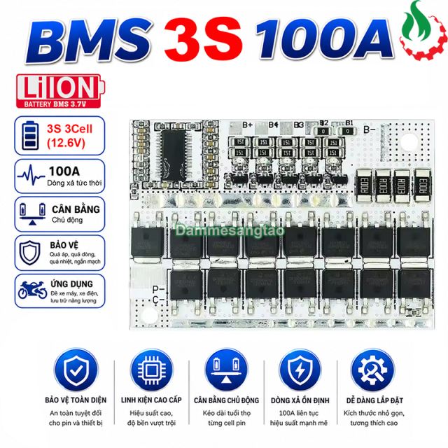Mạch 3S 50A 12V (12.6V) bảo vệ pin Li-ion 3.7V cân bằng chủ động - Max 100A (BMS-VS3S50IC)