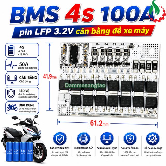 Mạch 4S 50A 12V (14.6V) bảo vệ pin sắt Li-Fe 3.2V cân bằng chủ động - Max 100A (BMS-VS4S50PC)