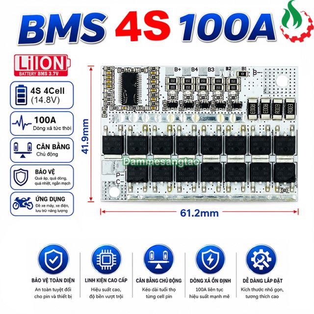 Mạch 4S 50A 14V (16.8V) bảo vệ pin Li-ion 3.7V cân bằng chủ động - Max 100A (BMS-VS4S50IC)