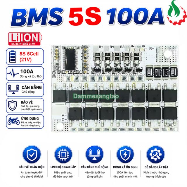 Mạch 5S 50A 18V (21V) bảo vệ pin Li-ion 3.7V cân bằng chủ động - Max 100A (BMS-VS5S50IC)