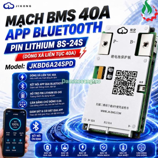 Mạch đa năng 8S-20S 40A JK-BD6A24S bảo vệ pin Lithium có app Bluetooth cân bằng chủ động 0.6A