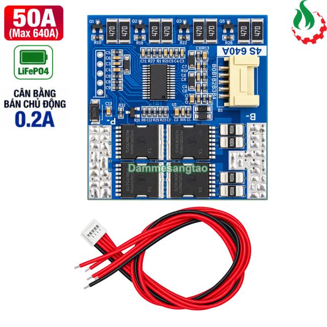 Mạch BMS 4S 50A (640A) 12.8V bảo vệ pin sắt LiFePO4 3.2V cân bằng bán chủ động 0.2A đề xe máy (BMS-D4S640PC)