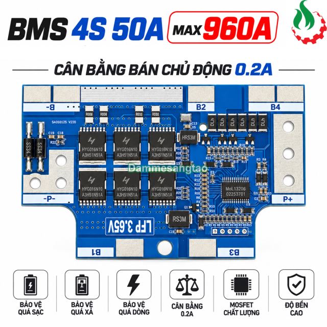 Mạch BMS 4S 50A (960A) 12.8V bảo vệ pin sắt LiFePO4 3.2V cân bằng bán chủ động 0.2A đề xe máy (BMS-D4S960PC)