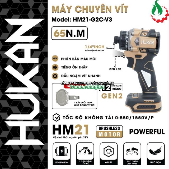 Máy bắn vít pin 21V Hukan HM21-G2C-V3 65N.m