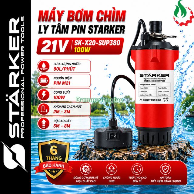 Máy bơm chìm ly tâm pin STARKER 21V SK-X20-SUP380 100W áp lực cao lưu lượng 80L/Phút chân phổ thông