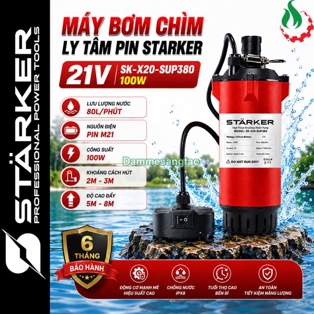 Máy bơm chìm ly tâm pin STARKER 21V SK-X20-SUP380 100W áp lực cao lưu lượng 80L/Phút