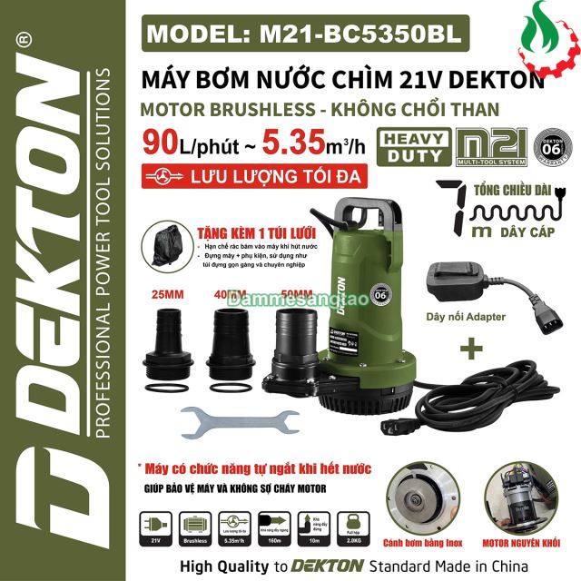 Máy bơm chìm pin 21V DEKTON M21-BC5350BL không chổi than Lưu Lượng 90L/Phút