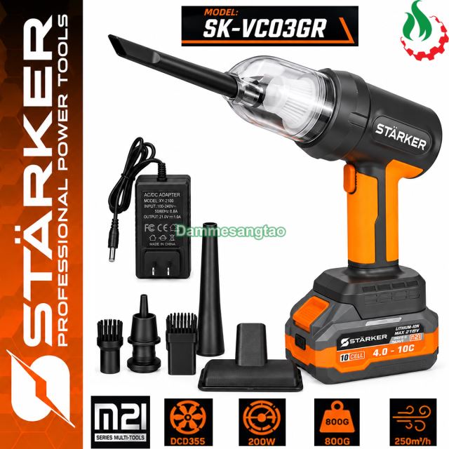 Máy hút thổi bụi pin STARKER 21V SK-VC03GR có chổi than (2in1) chân phổ thông