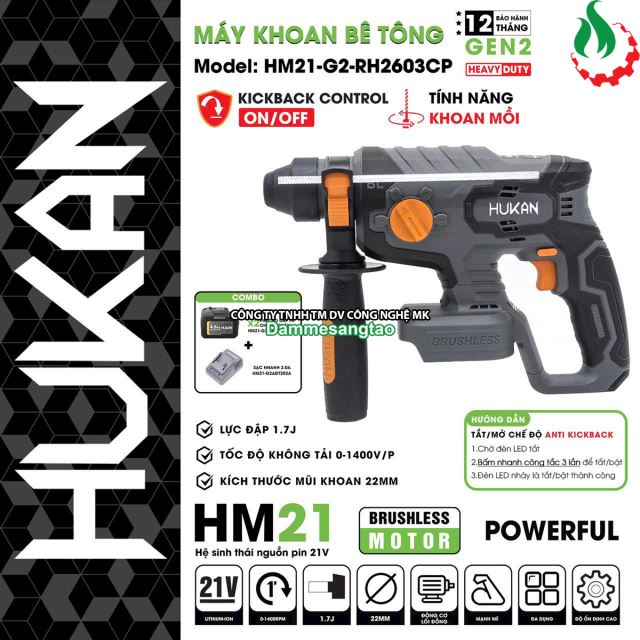 Máy khoan bê tông pin 21V Hukan HM21-G2-RH2603CP