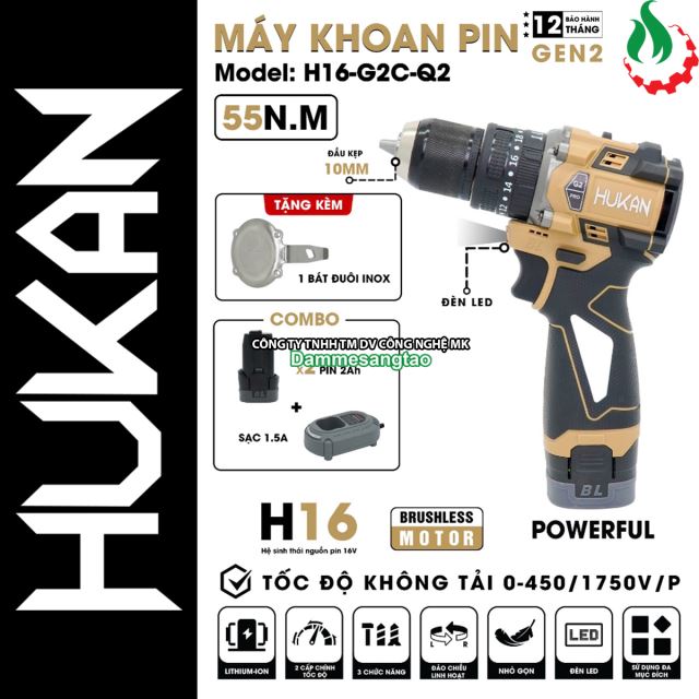 Máy khoan pin 16V HUKAN H16-G2C-Q2 55N.m