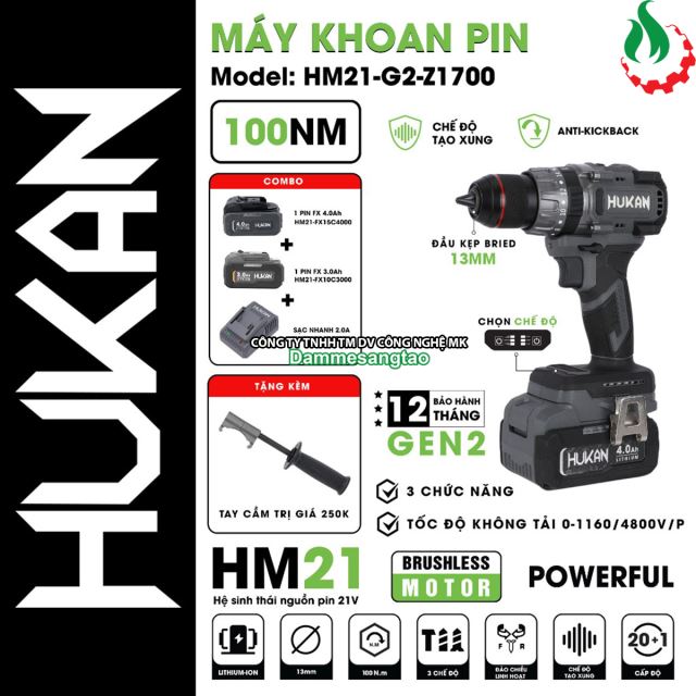 Máy khoan pin 21V Hukan HM21-G2-Z1700 100N.m