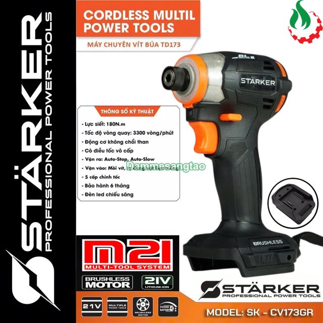 Máy khoan pin 21V STARKER SK-CV173GR không chổi than 180N.m