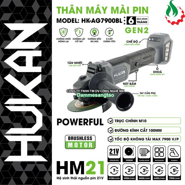 Máy mài góc pin 21V Hukan HM21-G2-AG7900BL