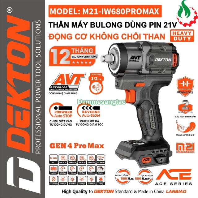 Máy siết bulong pin 21V Dekton M21-IW680PROMAX 680N.m