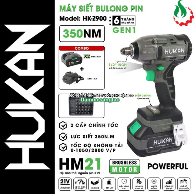 Máy siết bulong pin 21V Hukan HK-Z900 350Nm