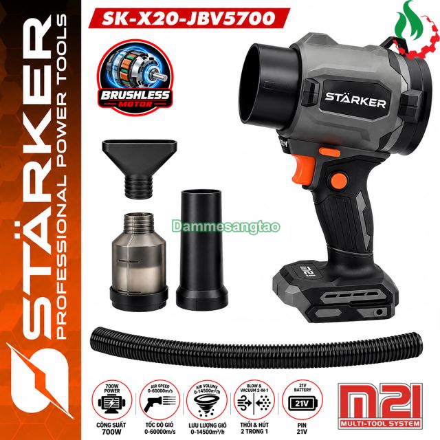 Máy thổi hút bụi phản lực pin STARKER 21V SK-X20-JBV5700 không chổi than (2in1) chân phổ thông