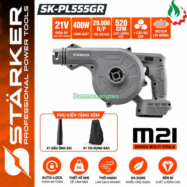 Máy thổi bụi pin STARKER 21V SK-PL555GR có chổi than lưu lượng gió 2.8m3/P