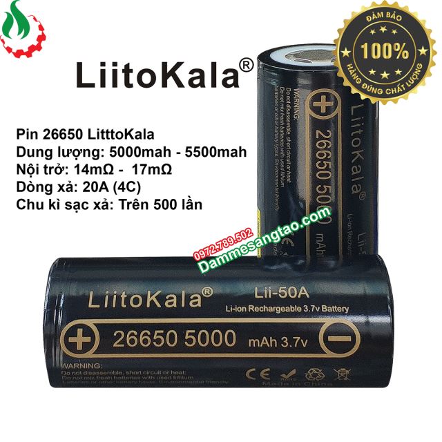 Cell Pin 26650 Liitokala Li-ion 3.7V 5000mah 4C - Xả 20A